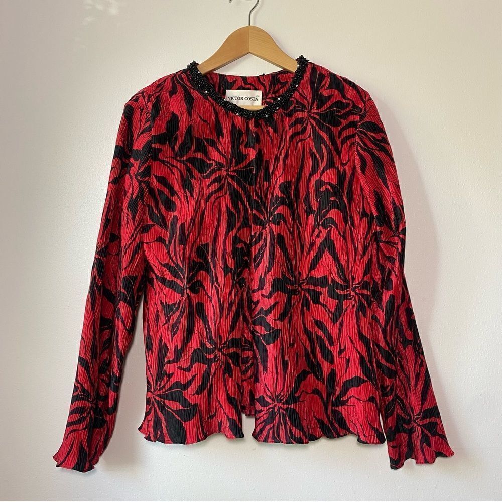 Vintage Victor Costa 2 Piece Red and Black Satin Tank Top Blouse and Jacket
